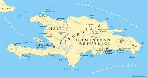Haiti and dominican republic map - The map shows the Dominican Republic, the tropical country that occupies the eastern part of Hispaniola, an island in the Greater Antilles in the Caribbean Sea. The island is located 90 km (57 mi) southeast of Cuba, separated by the Windward Passage (Spanish: Paso de los Vientos). The 130 km (80 mi) wide Mona Passage (another strait) separates ... 